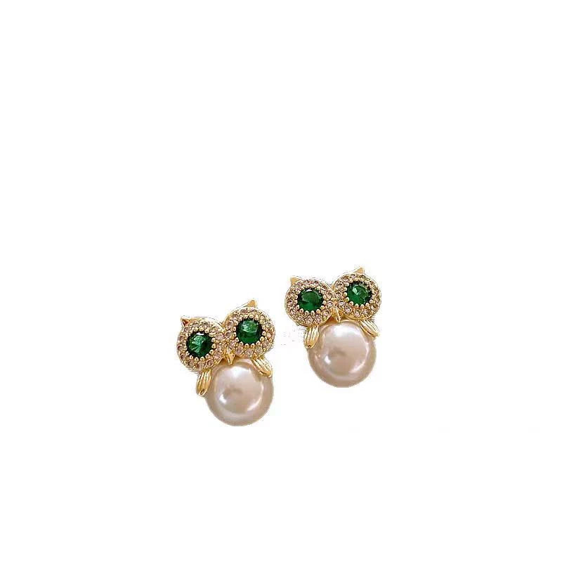 Owl Zircon Pearl Stud Earrings Female Design